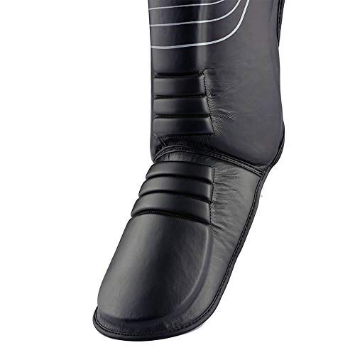 Starpro S90 Espinilleras tailandesas con Empeine |Piel de Vacuno de Primera Calidad| Blanco y Negro | Protección para piernas pies para Artes Marciales MMA Kickboxing Muay Thai Karate Hombres Mujeres