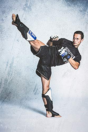 Starpro S90 Espinilleras tailandesas con Empeine |Piel de Vacuno de Primera Calidad| Blanco y Negro | Protección para piernas pies para Artes Marciales MMA Kickboxing Muay Thai Karate Hombres Mujeres