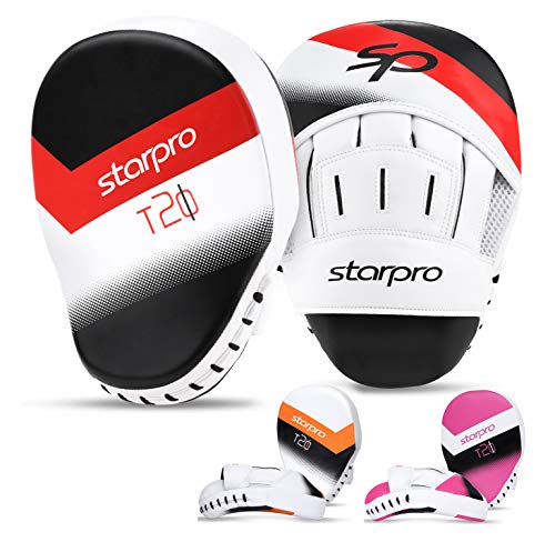 Starpro T20 curvos Manoplas Boxeo | Cuero de PU | Blanco y Rosa | Pads para Coaching en Boxeo MMA Kickboxing Artes Marciales Muay Thai y Entrenamiento (Rojo, Talla única)