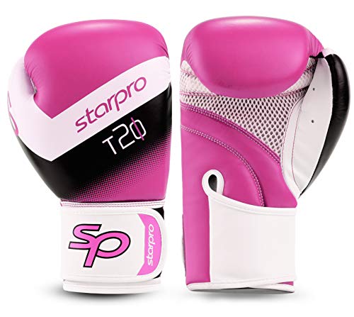Starpro T20 Guantes de Boxeo | Cuero de PU | Negro Blanco Rosa y Azul | para Entrenamiento y Sparring en Muay Thai Kickboxing Fitness y boxercise Hombres y Mujeres | 8oz 10oz 12oz 14oz 16oz