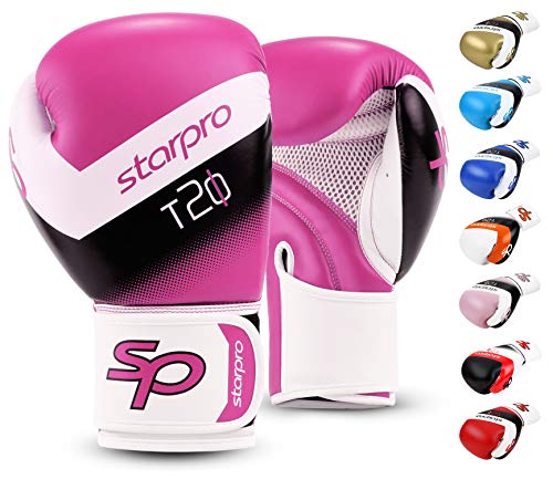 Starpro T20 Guantes de Boxeo | Cuero de PU | Negro Blanco Rosa y Azul | para Entrenamiento y Sparring en Muay Thai Kickboxing Fitness y boxercise Hombres y Mujeres | 8oz 10oz 12oz 14oz 16oz