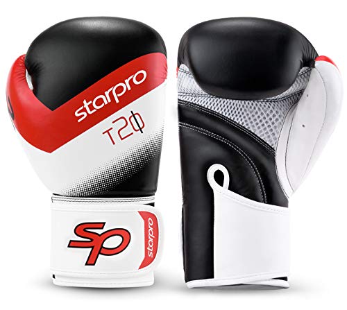 Starpro T20 Guantes de Boxeo | Cuero de PU | Negro Blanco Rosa y Azul | para Entrenamiento y Sparring en Muay Thai Kickboxing Fitness y boxercise Hombres y Mujeres | 8oz 10oz 12oz 14oz 16oz