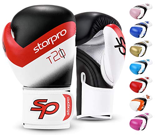 Starpro T20 Guantes de Boxeo | Cuero de PU | Negro Blanco Rosa y Azul | para Entrenamiento y Sparring en Muay Thai Kickboxing Fitness y boxercise Hombres y Mujeres | 8oz 10oz 12oz 14oz 16oz