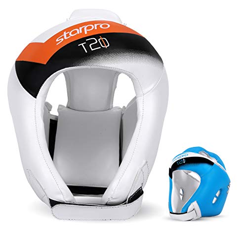 Starpro T20 niños Casco Boxeo | Cuero de PU | Azul y Blanco | Head Protección de Orejas y mejillas para Sparring en Boxing Muay Thai Kickboxing y Fighting | para niños