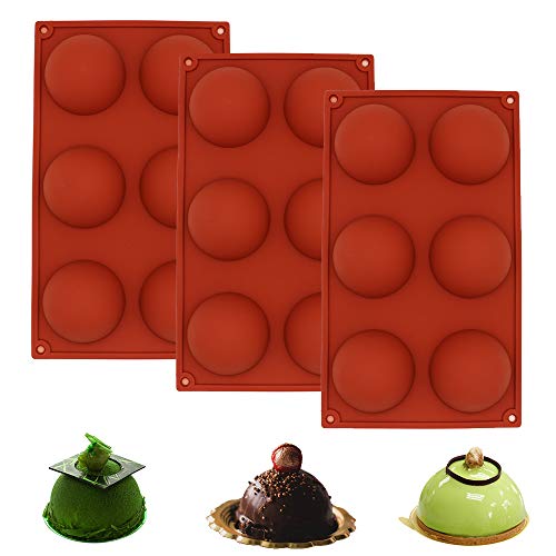 STARUBY Molde de silicona antiadherente para tartas con 6 cavidades, 3 moldes de silicona semiesféricos para chocolate, magdalenas, brownies, pasteles, pudín, diámetro de 6,6 cm