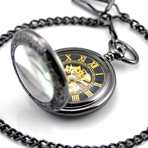 Stayoung Steampunk Antiguo Negro Números Romanos Cuerda Manual Reloj de Bolsillo Mecánico Colgante Cadena Lupa Caballero Negro