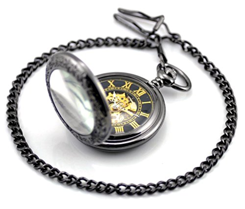 Stayoung Steampunk Antiguo Negro Números Romanos Cuerda Manual Reloj de Bolsillo Mecánico Colgante Cadena Lupa Caballero Negro