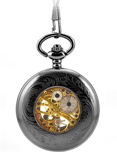 Stayoung Steampunk Antiguo Negro Números Romanos Cuerda Manual Reloj de Bolsillo Mecánico Colgante Cadena Lupa Caballero Negro