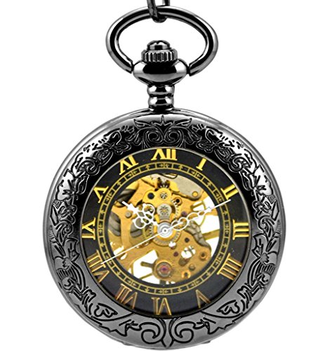 Stayoung Steampunk Antiguo Negro Números Romanos Cuerda Manual Reloj de Bolsillo Mecánico Colgante Cadena Lupa Caballero Negro