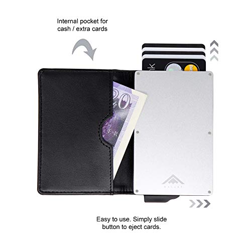 STEALTH WALLET Minimalista Portatarjetas RFID - Carteras de Tarjetas de Crédito Metálicas Delgadas y Livianas con Protección de Bloque NFC (Plata con Cuero Negro)