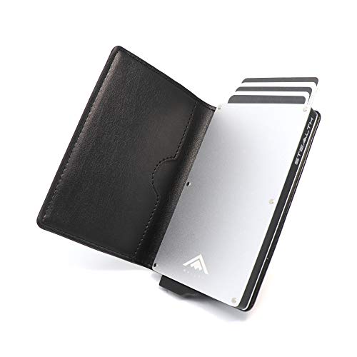 STEALTH WALLET Minimalista Portatarjetas RFID - Carteras de Tarjetas de Crédito Metálicas Delgadas y Livianas con Protección de Bloque NFC (Plata con Cuero Negro)