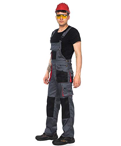 Stenso Torin® - Mono de Trabajo con Tirantes para Hombre - con Bolsillos Multiusos - Gris/Rojo/Negro - S Stenso Torin® - Mono de Trabajo con Tirantes para Hombre - con Bolsillos Multiusos - Gris/Rojo/Negro - S