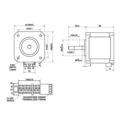 STEPPERONLINE Nema 17 - Motor paso a paso (5 unidades, 45 Ncm, 1,5 A, 12 V, 39 mm, 4 cables, 1,8 deg, con cable de 1 m)