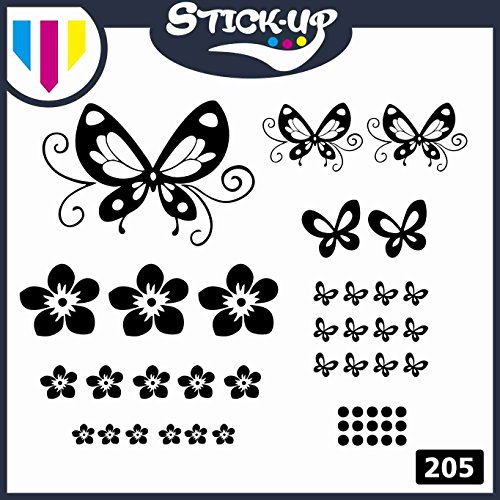 Stick-up - Kit de adhesivos para coche – Diseño de flores y mariposas – Ideal para decorar el coche, la moto, el scooter Adhesivos para coche, moto o furgoneta. Negro