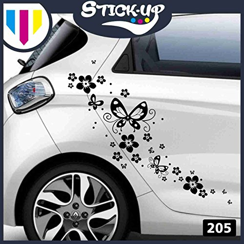 Stick-up - Kit de adhesivos para coche – Diseño de flores y mariposas – Ideal para decorar el coche, la moto, el scooter Adhesivos para coche, moto o furgoneta. Negro