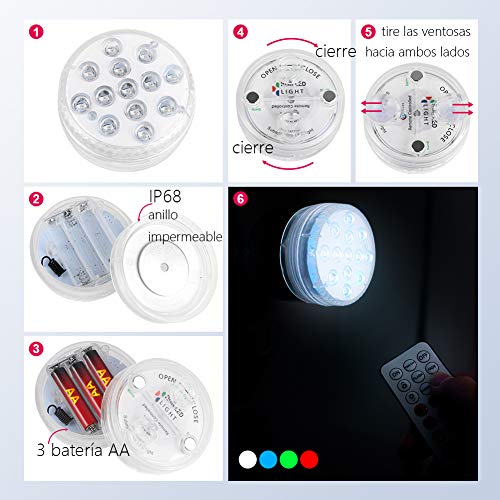 StillCool Luces Sumergibles con 16 Colores 13 LEDs, 4 PZS Piscina Luz LED Impermeable con Magnetica 10 Ventosas y 2 Mandos a Distancia con Batería para Piscina Baño Jacuzzi y Acuario - Colores