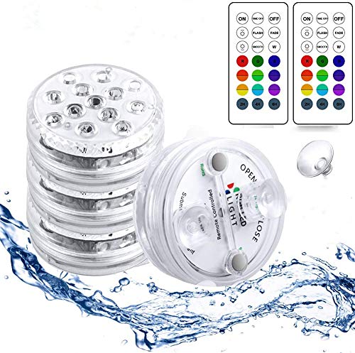 StillCool Luces Sumergibles con 16 Colores 13 LEDs, 4 PZS Piscina Luz LED Impermeable con Magnetica 10 Ventosas y 2 Mandos a Distancia con Batería para Piscina Baño Jacuzzi y Acuario - Colores