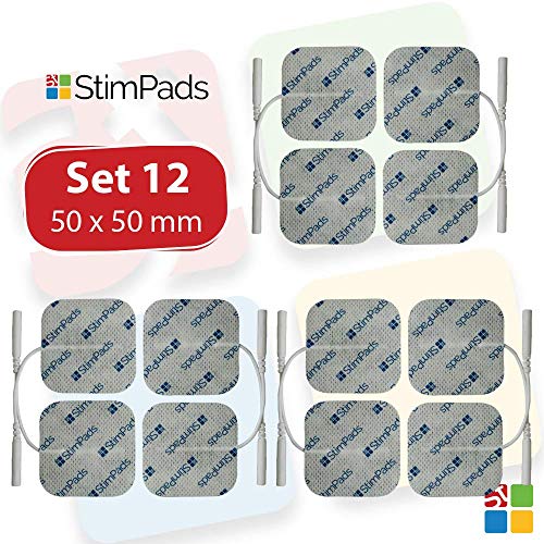 StimPads, 50X50mm, Eco-Pack de 12 Unidades de Alto Rendimiento, electrodos TENS - EMS de Larga duración con Conector Universal Tipo Pin de 2mm