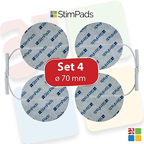 StimPads, redondos 70mm, Pack de 4 unidades de alto rendimiento, electrodos TENS - EMS de larga duración con conector universal tipo pin de 2mm StimPads, redondos 70mm, Pack de 4 unidades de alto rendimiento, electrodos TENS - EMS de larga duración con conector universal tipo pin de 2mm