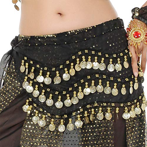 STOBOK 2 piezas de falda de bufanda de cadera de danza del vientre para mujer con 128 lentejuelas de oro bling monedas danza del vientre zumba clase de yoga accesorios de rendimiento negro + rojo