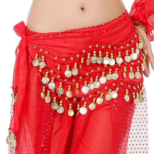 STOBOK 2 piezas de falda de bufanda de cadera de danza del vientre para mujer con 128 lentejuelas de oro bling monedas danza del vientre zumba clase de yoga accesorios de rendimiento negro + rojo