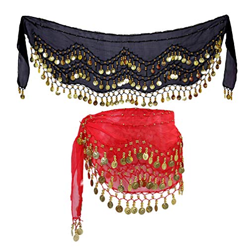 STOBOK 2 piezas de falda de bufanda de cadera de danza del vientre para mujer con 128 lentejuelas de oro bling monedas danza del vientre zumba clase de yoga accesorios de rendimiento negro + rojo