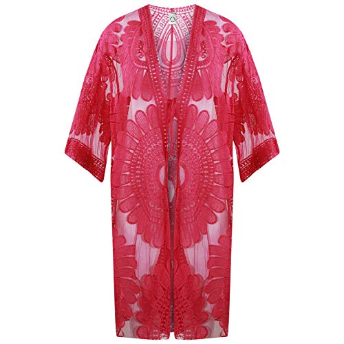 Storm Island - Kimono de malla para mujer italiano, bordado con manga larga y nudo de corbata frontal Rosa fucsia 42/48 ES/talla única