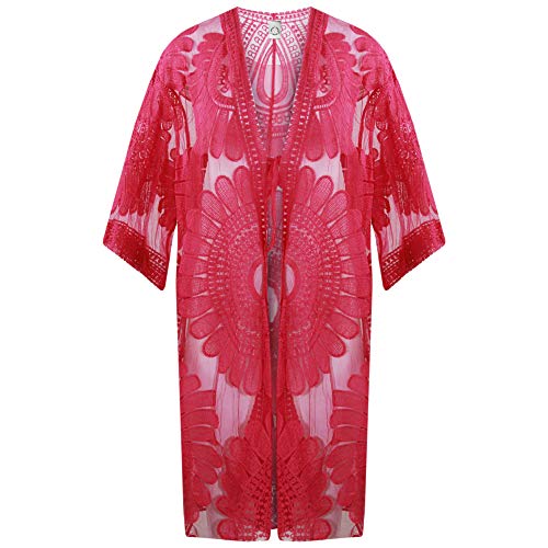 Storm Island - Kimono de malla para mujer italiano, bordado con manga larga y nudo de corbata frontal Rosa fucsia 42/48 ES/talla única Storm Island - Kimono de malla para mujer italiano, bordado con manga larga y nudo de corbata frontal Rosa fucsia 42/48 ES/talla única