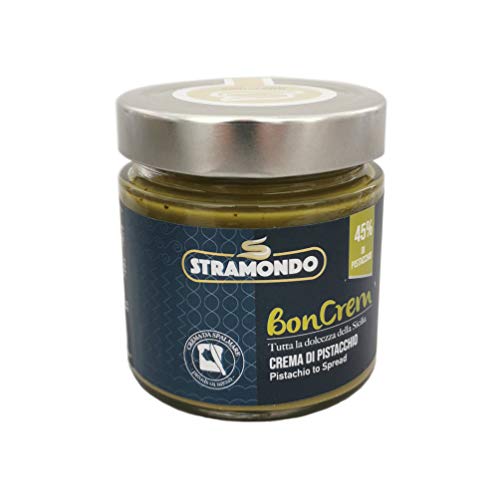 STRAMONDO Boncrem Pistachio 45%, crema para untar con pistacho siciliano 200 gramos, Made in Italy, ideal para rellenar o untar en pan y galletas, sin gluten