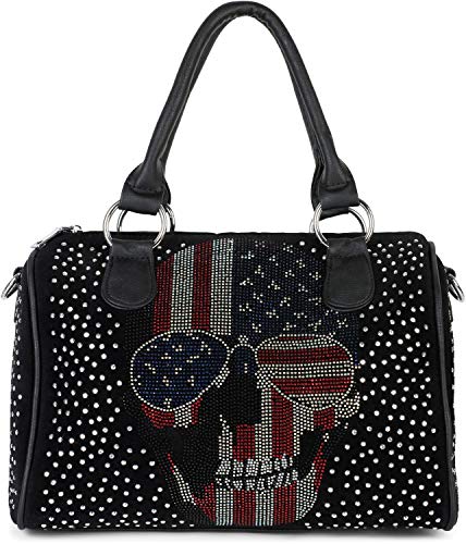 styleBREAKER Bolso de bolos para mujer con aplicación de piedras de cristal en el cráneo de USA, Bolso de mano 02012315, color:Negro