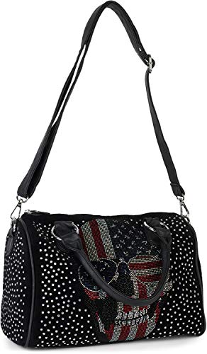 styleBREAKER Bolso de bolos para mujer con aplicación de piedras de cristal en el cráneo de USA, Bolso de mano 02012315, color:Negro