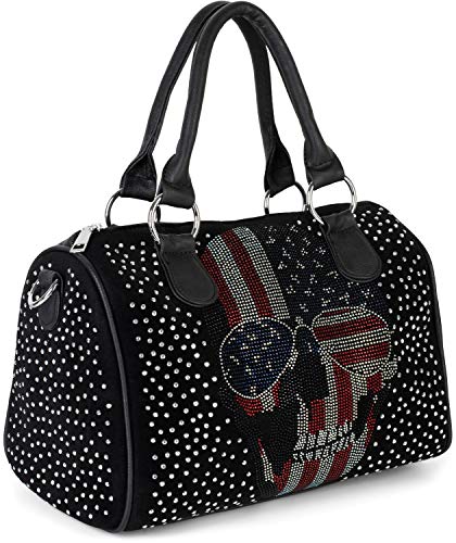 styleBREAKER Bolso de bolos para mujer con aplicación de piedras de cristal en el cráneo de USA, Bolso de mano 02012315, color:Negro