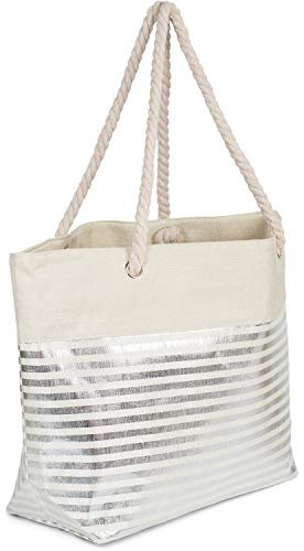 styleBREAKER Bolso para la Playa XXL de Mujer con Estampado de Rayas metálicas y Cremallera, Bolso de Hombro, Bolso para Compras 02012281, Color:Beige-Plata