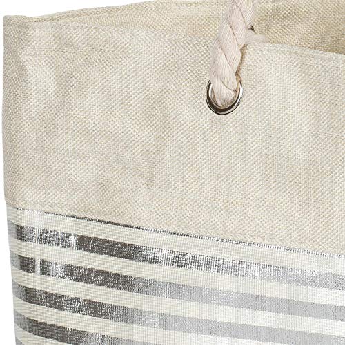 styleBREAKER Bolso para la Playa XXL de Mujer con Estampado de Rayas metálicas y Cremallera, Bolso de Hombro, Bolso para Compras 02012281, Color:Beige-Plata