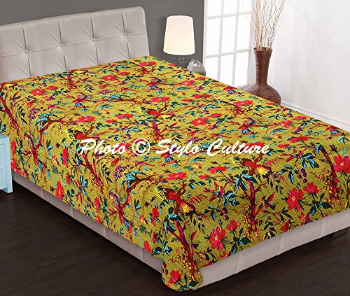 Stylo Culture Colcha india Kantha para cama individual, acolchada, color verde oliva, de algodón, cosida a mano, para cama