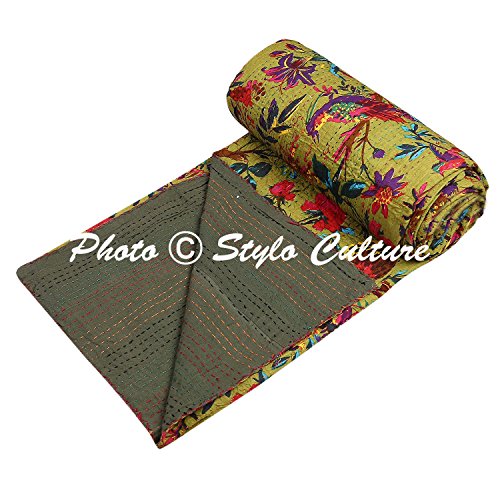 Stylo Culture Colcha india Kantha para cama individual, acolchada, color verde oliva, de algodón, cosida a mano, para cama