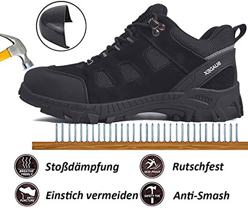 SUADEX Zapatos de seguridad para hombre, ligeros, antideslizantes, transpirables, con puntera de acero, color Negro, talla 43 EU