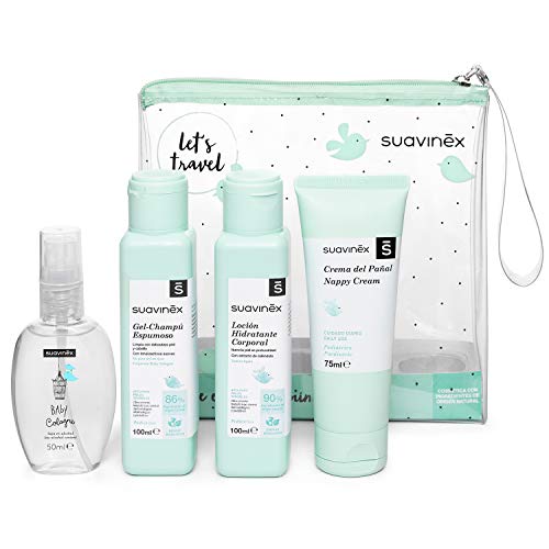 Suavinex Set Neceser Viaje Para Bebés con Baby Cologne, Crema Pañal, Loción Hidratante y Gel-Champú Espumoso, 4, Verde