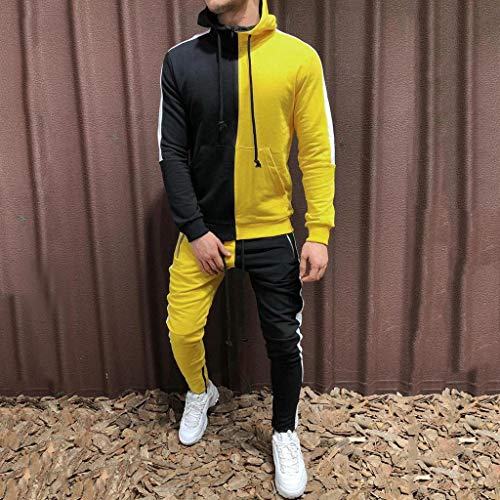 Subfamily Conjunto de Pantalones de Suéter con Cremallera y Paneles de Manga Larga con Bolsillo para Hombres, Patchwork Cremallera Sudadera Top Pantalones Conjuntos Traje Deportivo Chándal Amarillo M