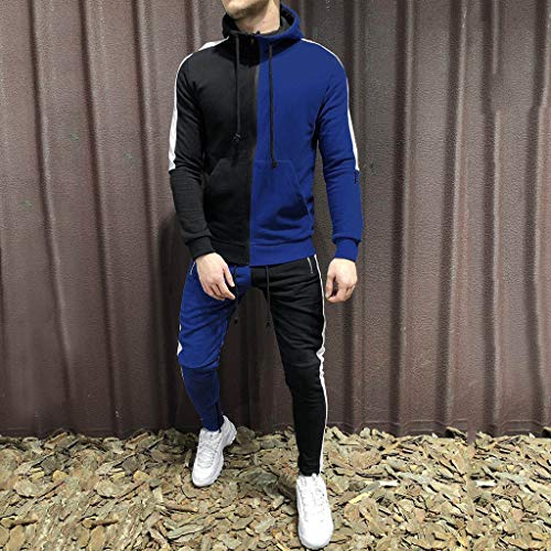 Subfamily Conjunto de Pantalones de Suéter con Cremallera y Paneles de Manga Larga con Bolsillo para Hombres, Patchwork Cremallera Sudadera Top Pantalones Conjuntos Traje Deportivo Chándal Azul XXXL