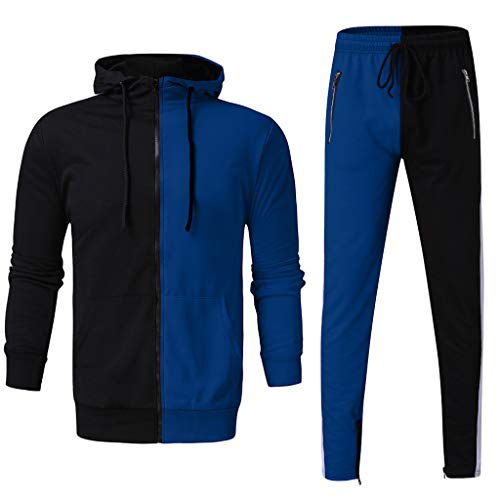 Subfamily Conjunto de Pantalones de Suéter con Cremallera y Paneles de Manga Larga con Bolsillo para Hombres, Patchwork Cremallera Sudadera Top Pantalones Conjuntos Traje Deportivo Chándal Azul XXXL