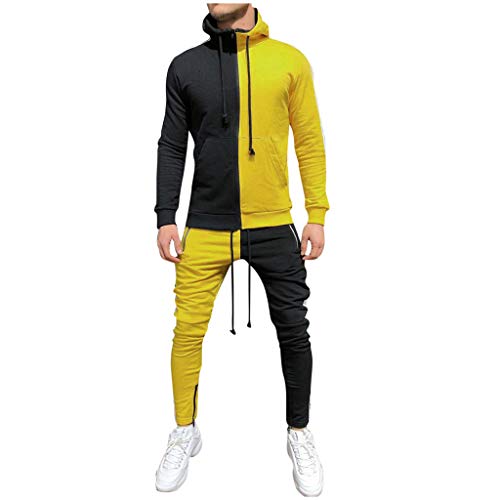 Subfamily Conjunto de Pantalones de Suéter con Cremallera y Paneles de Manga Larga con Bolsillo para Hombres, Patchwork Cremallera Sudadera Top Pantalones Conjuntos Traje Deportivo Chándal Amarillo M