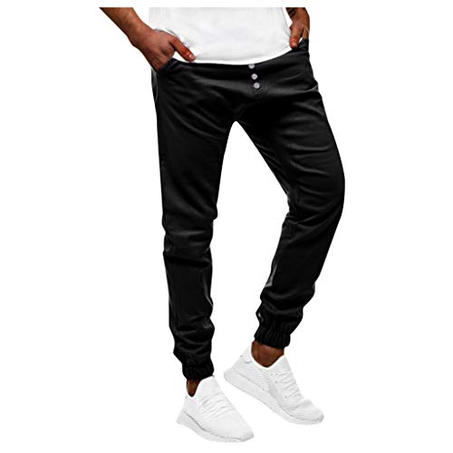 Subfamily Pantalones Casuales Deportivos de Color Sólido con Bolsillo con Cordón para Hombres, Casual Fitness Bodybuilding Pocket Skin Pantalones Deportivos de Cuerpo Entero Negro L