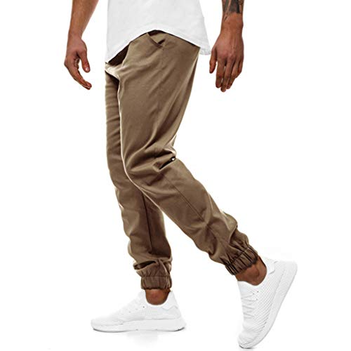 Subfamily Pantalones Casuales Deportivos de Color Sólido con Bolsillo con Cordón para Hombres, Casual Fitness Bodybuilding Pocket Skin Pantalones Deportivos de Cuerpo Entero Caqui XL