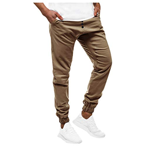 Subfamily Pantalones Casuales Deportivos de Color Sólido con Bolsillo con Cordón para Hombres, Casual Fitness Bodybuilding Pocket Skin Pantalones Deportivos de Cuerpo Entero Caqui XL