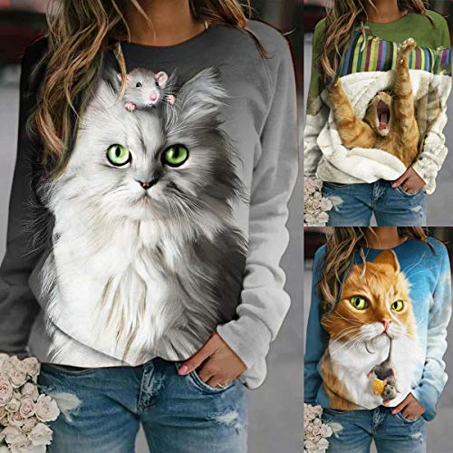 Sudadera con impresión de ratón y gato, camiseta de manga larga con cuello redondo y tipo suelto para mujer, diseño de ratón y gato impreso, manga larga, cuello redondo, tipo camiseta para mujer