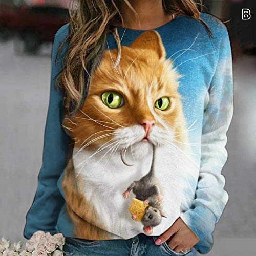 Sudadera con impresión de ratón y gato, camiseta de manga larga con cuello redondo y tipo suelto para mujer, diseño de ratón y gato impreso, manga larga, cuello redondo, tipo camiseta para mujer