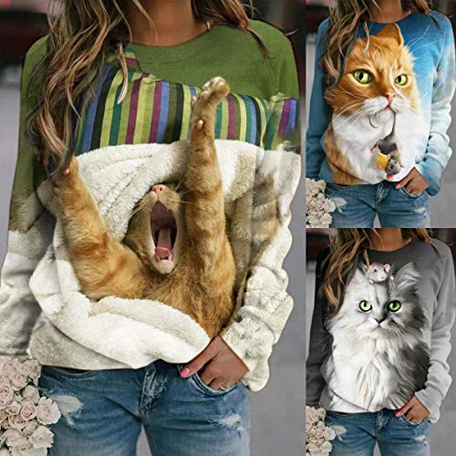Sudadera con impresión de ratón y gato, camiseta de manga larga con cuello redondo y tipo suelto para mujer, diseño de ratón y gato impreso, manga larga, cuello redondo, tipo camiseta para mujer