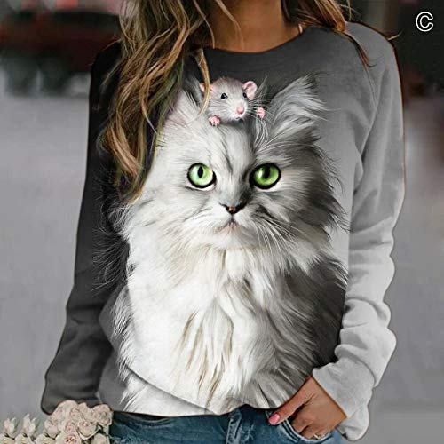 Sudadera con impresión de ratón y gato, camiseta de manga larga con cuello redondo y tipo suelto para mujer, diseño de ratón y gato impreso, manga larga, cuello redondo, tipo camiseta para mujer