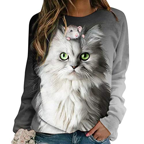 Sudadera con impresión de ratón y gato, camiseta de manga larga con cuello redondo y tipo suelto para mujer, diseño de ratón y gato impreso, manga larga, cuello redondo, tipo camiseta para mujer